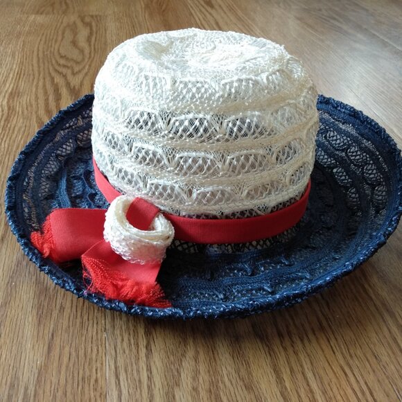 Vintage Red, White and Blue Hat Mesh Lace Helen Joyce Original 20.5" Retro - Picture 2 of 9
